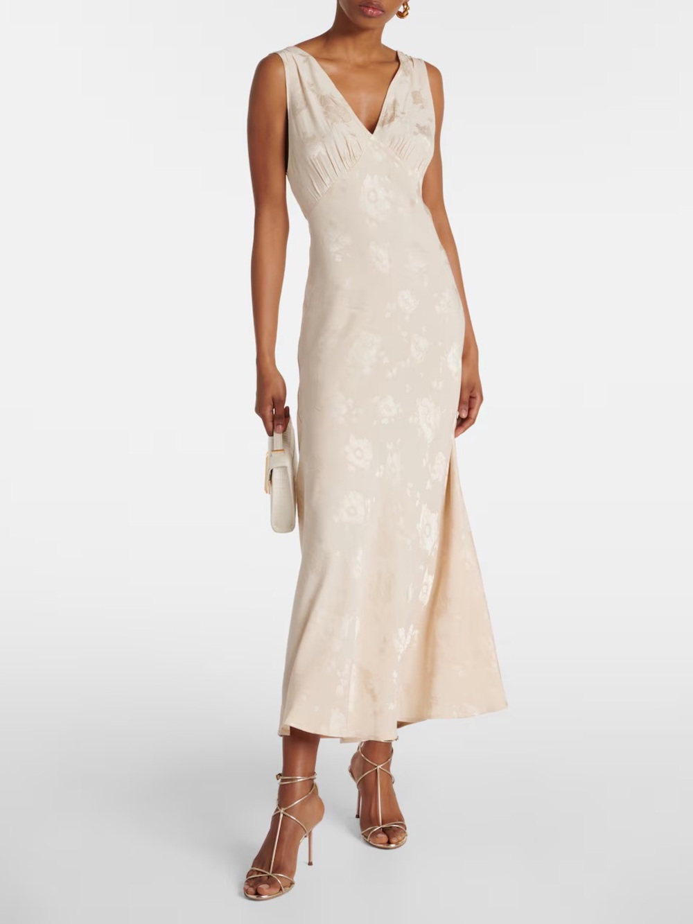 RIXO Cream Floral Jacquard V-Neck Midi Dress